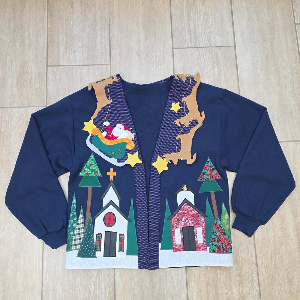 Vintage Jerzees Christmas Cardigan Womens L Santa Reindeer Applique Shawl Collar